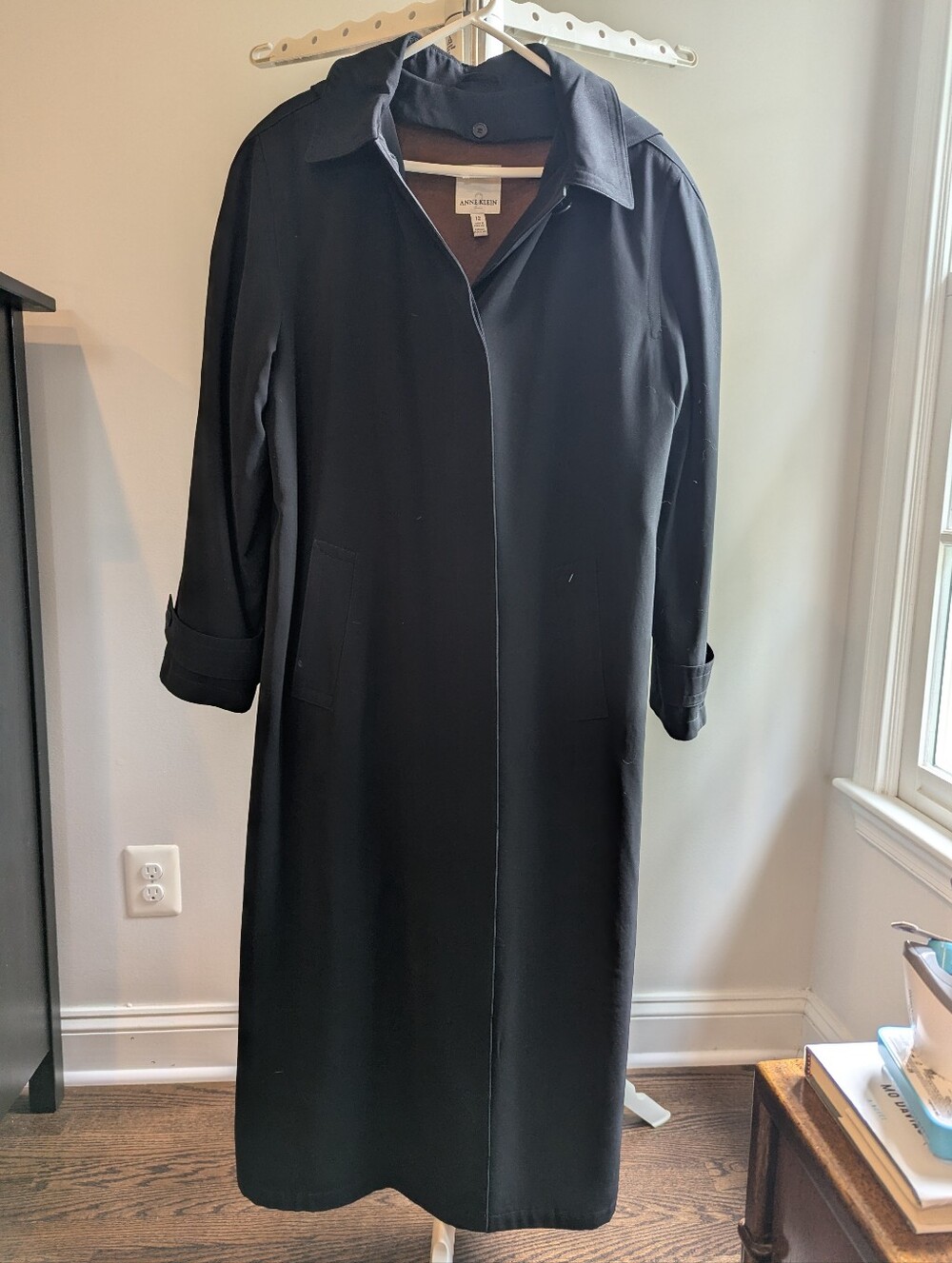 Anne Klein 2 Womens Black Hooded Long Trench Coat Removable Wool Liner